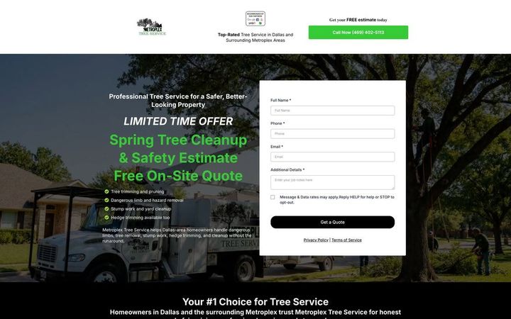 Metroplex Tree Service landing page by Draft First Sites