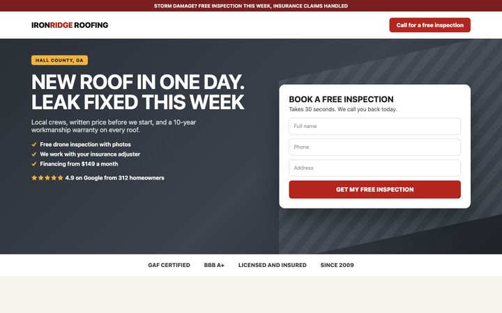 Roofing sample landing page by Draft First Sites